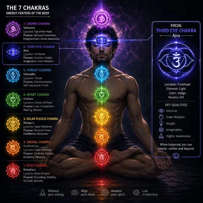 How to Perform Third Eye Awakening Visual Exercise at Home and Experience 10 Sign of Third Eye Activation 2 Seven chakra system including Ajna chakra