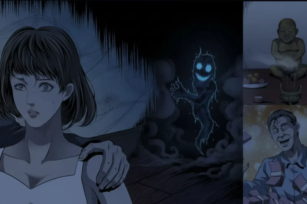 Young Woman with Melancholic Expression Surrounded by Eerie Elements